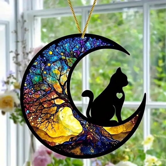 Black Cat Cresent Moon Suncatcher 6" Tree Life Hanging Cord Colorful In/Outdoor - Picture 1 of 3